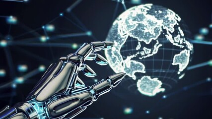 Metallic robotic hand gently manipulating holographic earth against dark backdrop with network connections, showcasing advanced technology and global connectivity in slow motion - Powered by Adobe