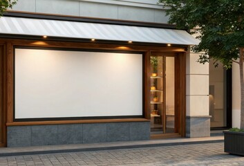 Realistic shop window with empty digital banner layout and modern decor for advertising with copy space