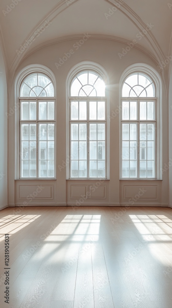 Aufkleber Large empty room features white walls and tall windows that allow generous sunlight to illuminate the soft wooden floor. Shadows create intricate patterns on the surface.