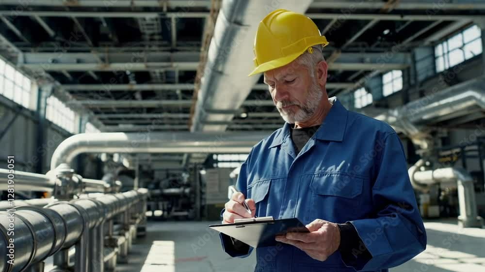 Poster Experienced engineer wearing uniform and hardhat taking notes on clipboard while inspecting pipeline system in industrial plant in slow motion