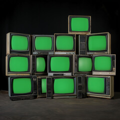 Stack of Vintage CRT Televisions with Green Screens in Dark Room (AI Generated)