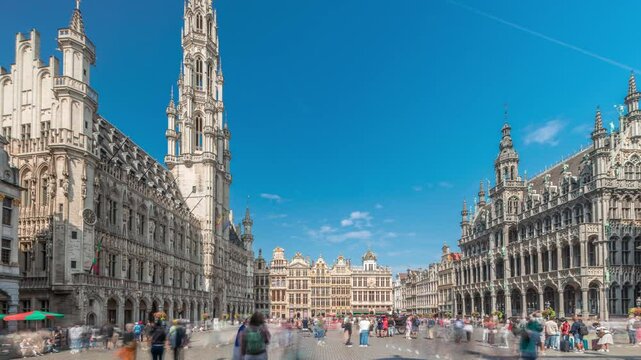 The Grand-Place (Grote Markt) timelapse hyperlapse in Brussels, Belgium. Brabantine Gothic Town Hall, Baroque guildhalls and bustling tourists in the historic city center. UNESCO World Heritage Site