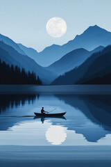 Night Lake Mountain Landscape Boat Moonlight Scenery Tranquil Dark Sky Water Reflection Outdoor Travel Nature Evening Scenic Rowboat Person Silhouette
