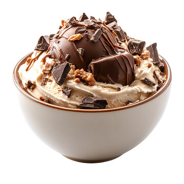 A bowl of vanilla ice cream topped with chocolate sauce and chopped nuts.