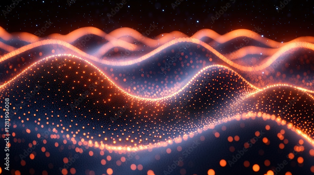 Poster abstract digital waves illuminated by orange and blue lights, creating a mesmerizing visual effect