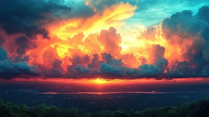 Fototapeta premium Fiery sunset over landscape with dramatic clouds.