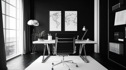 Fototapeta premium Modern black office interior with desk, chair, and world map prints.