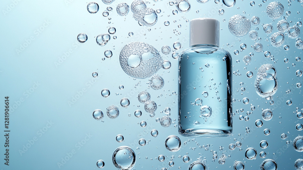 Poster clear bottle filled with liquid is surrounded by floating air bubbles, creating refreshing and clean