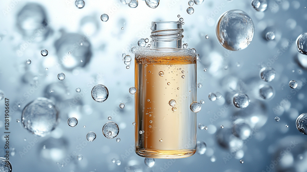 Aufkleber clear bottle filled with liquid is surrounded by floating air bubbles, creating refreshing and dynam