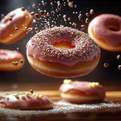 Delicious donuts with pink icing and colorful sprinkles float in air, creating whimsical dessert scene. vibrant colors and playful arrangement evoke sense of joy and indulgence