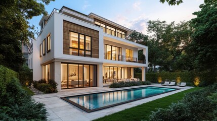Obraz premium A luxurious two-story home with a contemporary white exterior and wide glass windows. The second floor features a modern wooden accent wall.