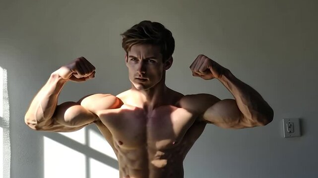 Muscular man flexing biceps, showcasing defined muscles and physique in sunlit room.