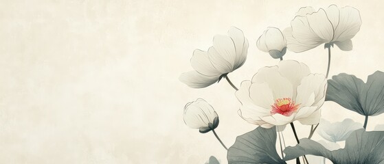 Minimalist Japanese floral motif with faded ink strokes on textured washi paper, embracing wabisabi simplicity