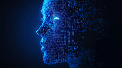 Obraz premium Futuristic Digital Face with Glowing Blue Particles in Cyberspace – AI Generated
