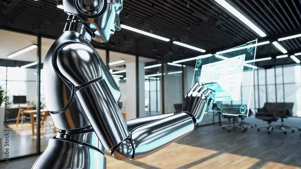 Poster advanced humanoid robot interacts with futuristic transparent tablet, showcasing potential of artifi