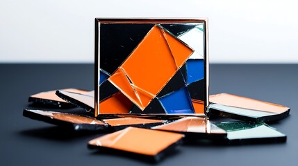 Colorful shattered mirror pieces arranged artistically on a dark surface with reflections