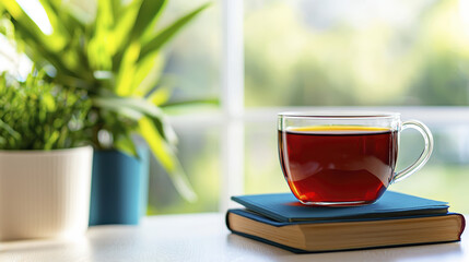 warm cup of tea rests on book beside vibrant plant, creating cozy atmosphere