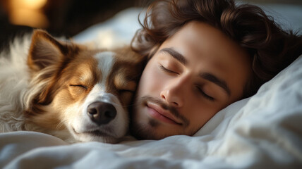 young man peacefully sleeping with dog, both resting on soft bed. warm light creates cozy , highlighting their serene expressions and bond
