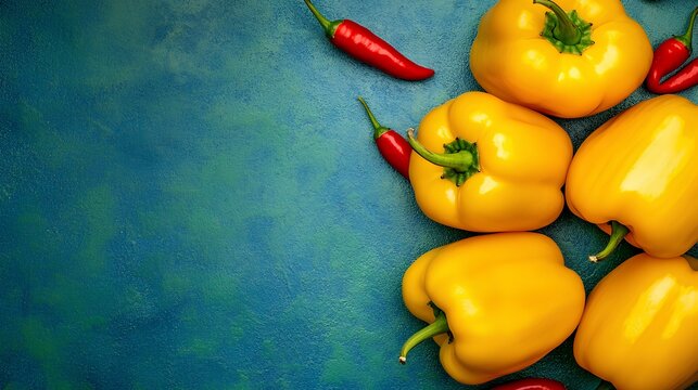 Sweet yellow bell peppers creatively displayed on a deep blue surface with space for text or branding.