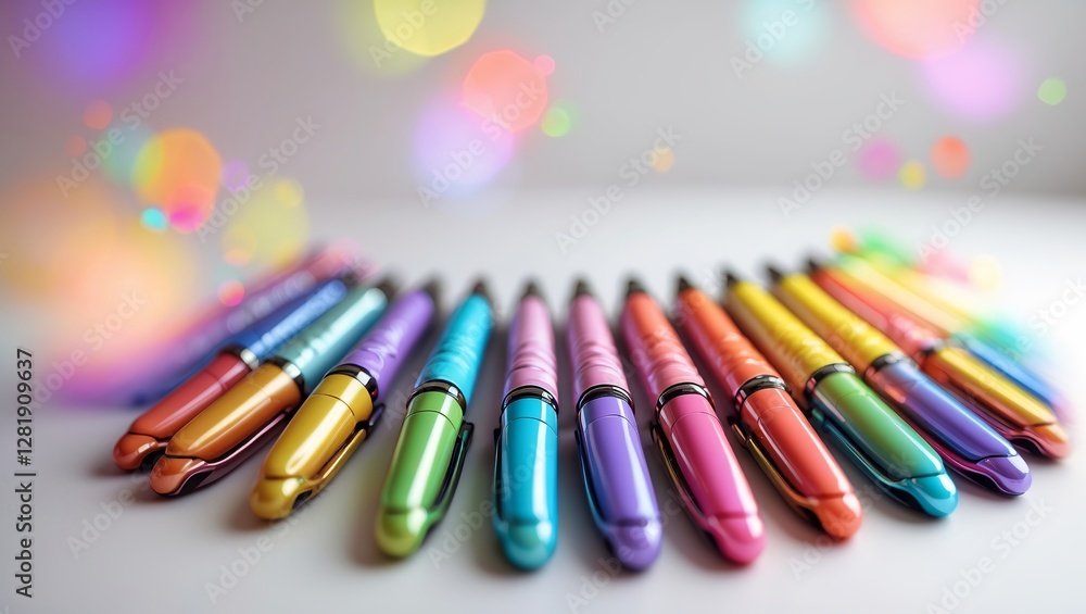 Poster colorful pens arranged in a vibrant line on a white surface surrounded by a blurred bokeh effect cre