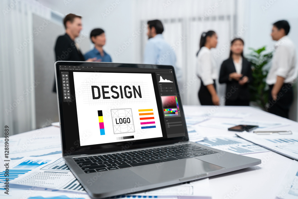 Poster graphic designer software for modern design of web page and commercial brisk ads showing on the comp