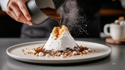 Dessert preparation showcases melted chocolate pouring over a snowy mound of whipped cream with crunchy toppings in an upscale restaurant setting