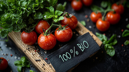 Fresh organic tomatoes with green leaves on wooden board, labeled 100% bio, evoke sense of healthy eating and sustainability. Perfect for food concepts and culinary presentations
