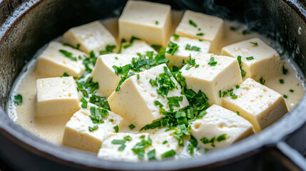 Hot Pot, Close-up of tofu absorbing flavors, showcasing rich textures and culinary appeal in high fidelity.