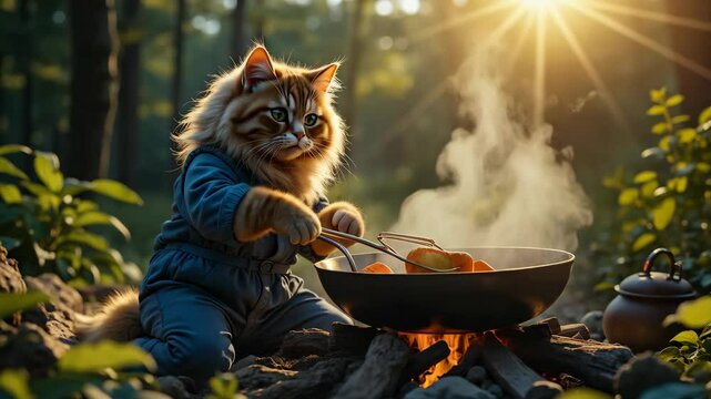 A cat is cooking food in a pan over a fire