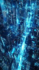 Futuristic cyber cityscape illuminated by glowing blue neon grids and holographic architecture. A high-tech digital metropolis with an advanced network. AI generative.
