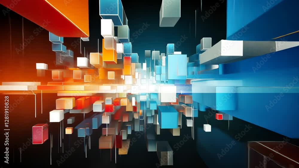 Poster an energetic abstract background featuring moving squares and rectangles, creating a vibrant visual 