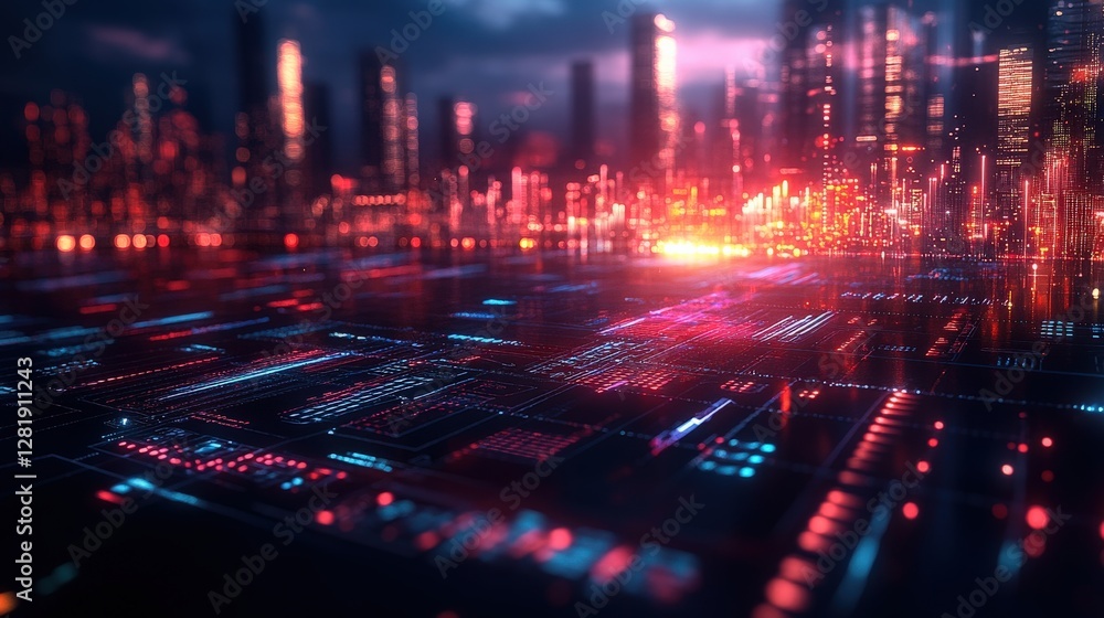 Poster futuristic cityscape at dusk with glowing lights and data streams illuminating the skyline