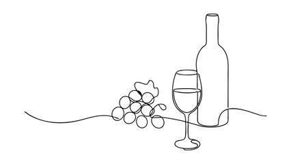 Wine bottle, grapes, glass, continuous line, minimalist art, single line drawing