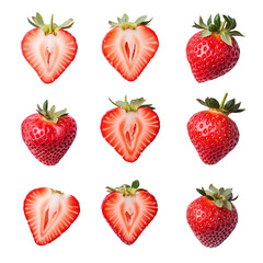  variety of strawberries, each with its own unique shape and color, cut into pieces and arranged in a row on a transparent  background. png