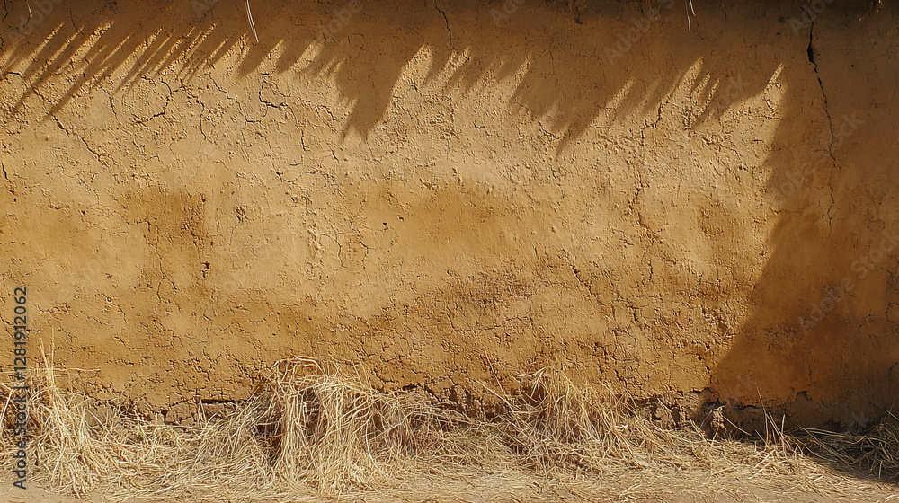 Poster rustic mud wall texture with dry grass shadows for design and background use