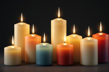 a close up of a group of candles with different colors