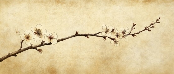 Handdrawn Japanese sakura branches on aged parchment, resembling an antique botanical illustration