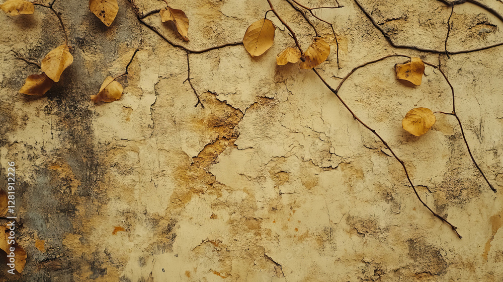 Poster natural texture of mud wall with dry leaves and subtle branches for rustic design