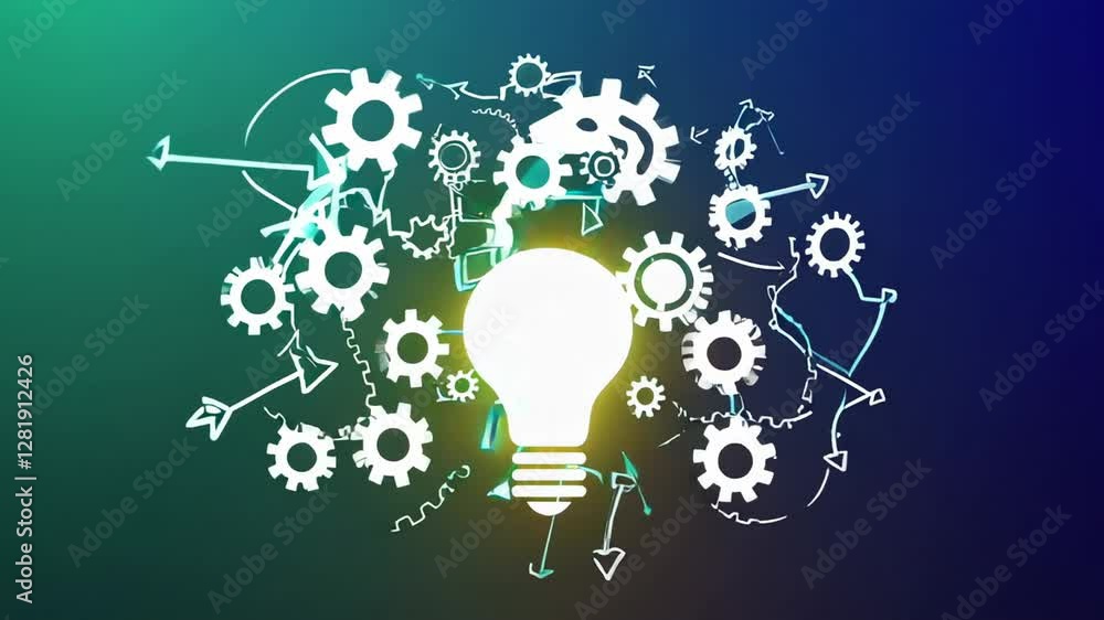 Aufkleber Glowing light bulb surrounded by rotating gears and arrows, symbolizing idea generation and problem solving on various gradient backgrounds in slow motion