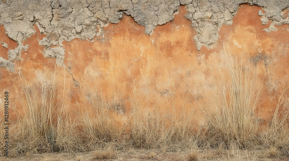 Aufkleber rustic mud wall texture with natural grass and subtle cracks for background design
