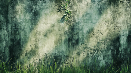 Rustic mud wall texture with grass and subtle green tints for natural design