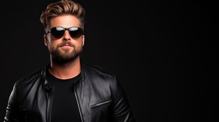 Obraz premium A stylish young man with a beard, wearing sunglasses and a black leather jacket, poses against a dark background.