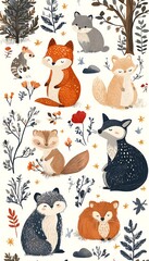 Cute woodland animals pattern, autumn forest background
