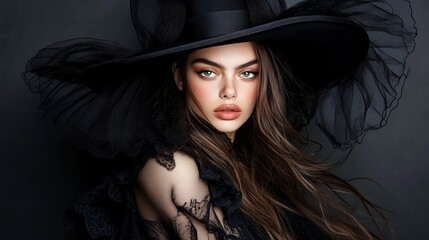 Mysterious young woman with long brown hair in a wide-brimmed black hat.  Elegant and dramatic portrait.