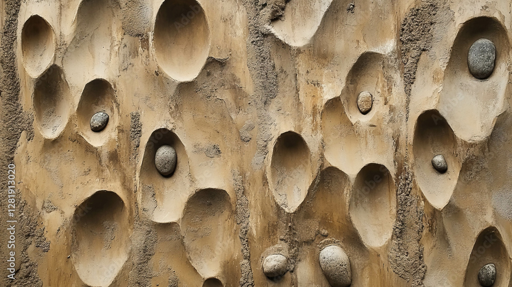 Poster Textured mud wall with pebbles and uneven surface for architecture and design