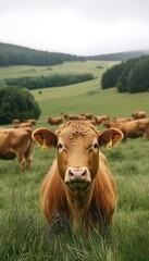 Fototapeta premium Cow herd grazing hilly pasture