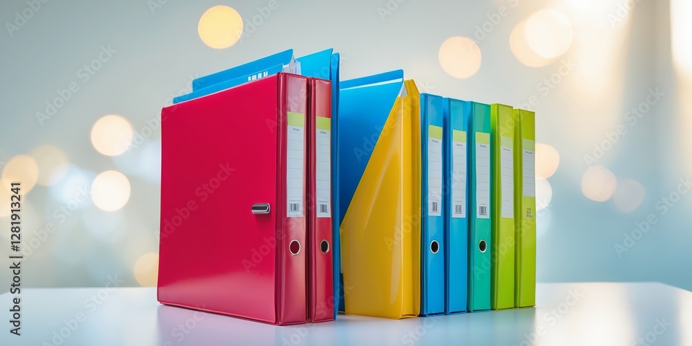 Poster colorful binders organized neatly on a desk with a blurred background of soft lighting