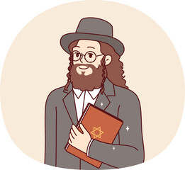 Jewish man with long hair and beard holds torah book with star of david on cover. Human jewish in national clothes of religious jews smiles and calls to accept judaism or visit city of jerusalem