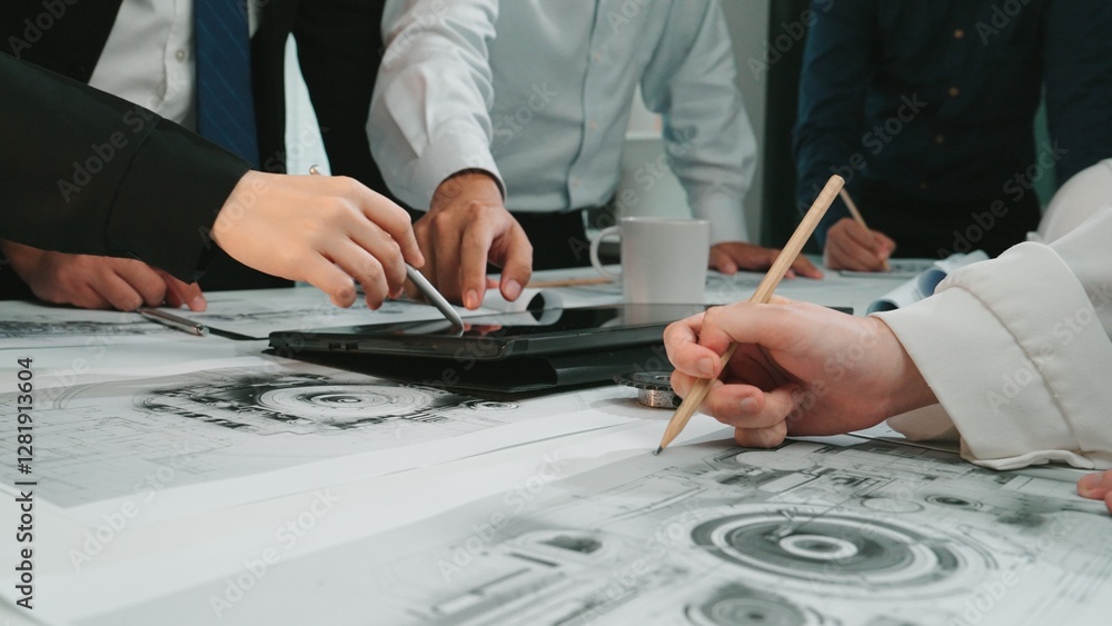Poster a dynamic scene capturing a group of professionals engaged in a collaborative planning session, surr