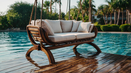 Beautiful Swing sofa on the Swimming pool waters outdoor beach
